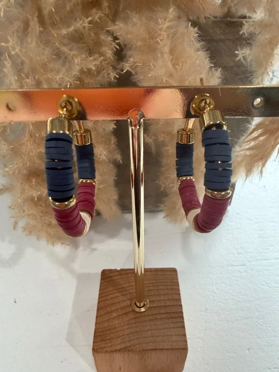 Handmade heishi-style beads Hoop Earrings Navy Burgundy Gold Boho Coastal Chic - Picture 5 of 6